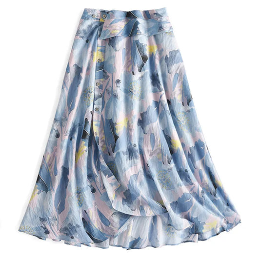 women summer floral print thin polyester skirts ladies fashion elegant midi skirt clothing